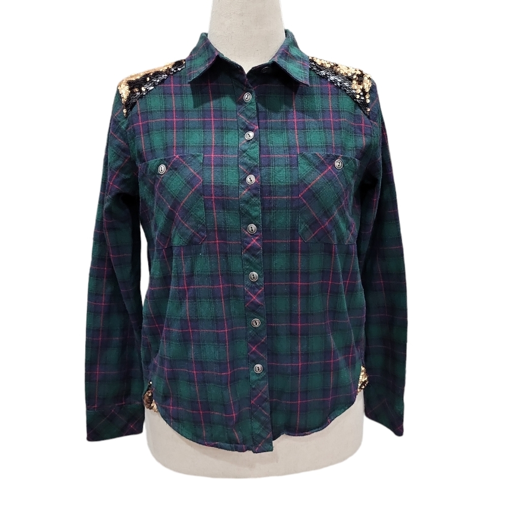 EUC flannel may & july women's plaid 100% cotton Sequins button down shirt M
